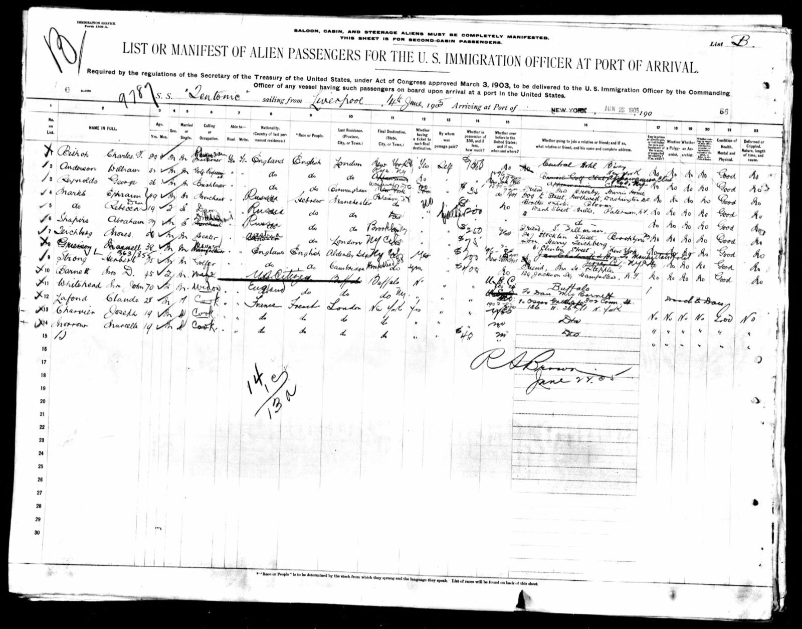 Passenger manifest, Port of New York, 1905