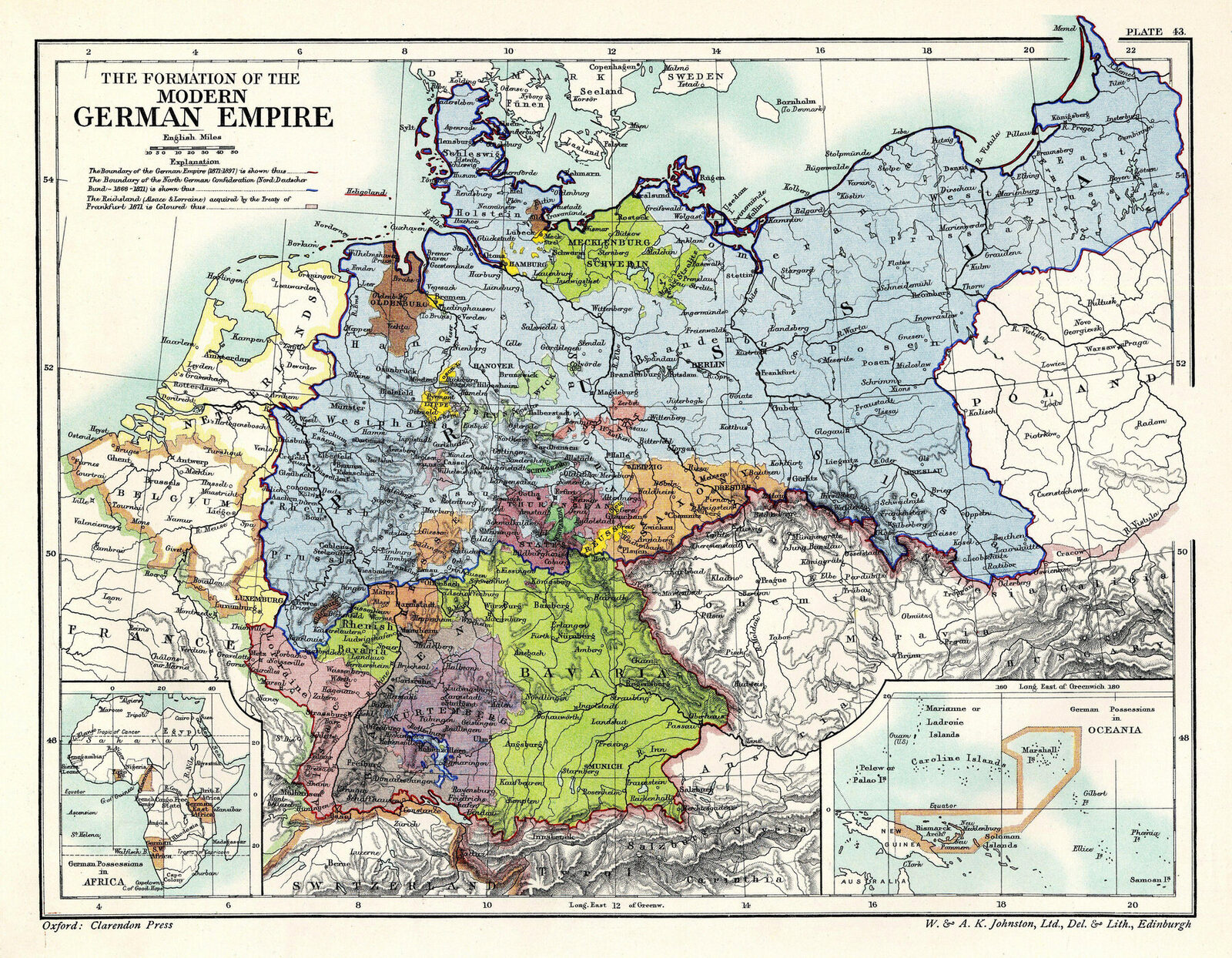 Hand-coloured map of the German Empire, 1871.